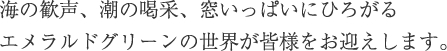 海の歓声、潮の喝采、窓いっぱいにひろがるエメラルドグリーンの世界が皆様をお迎えします。